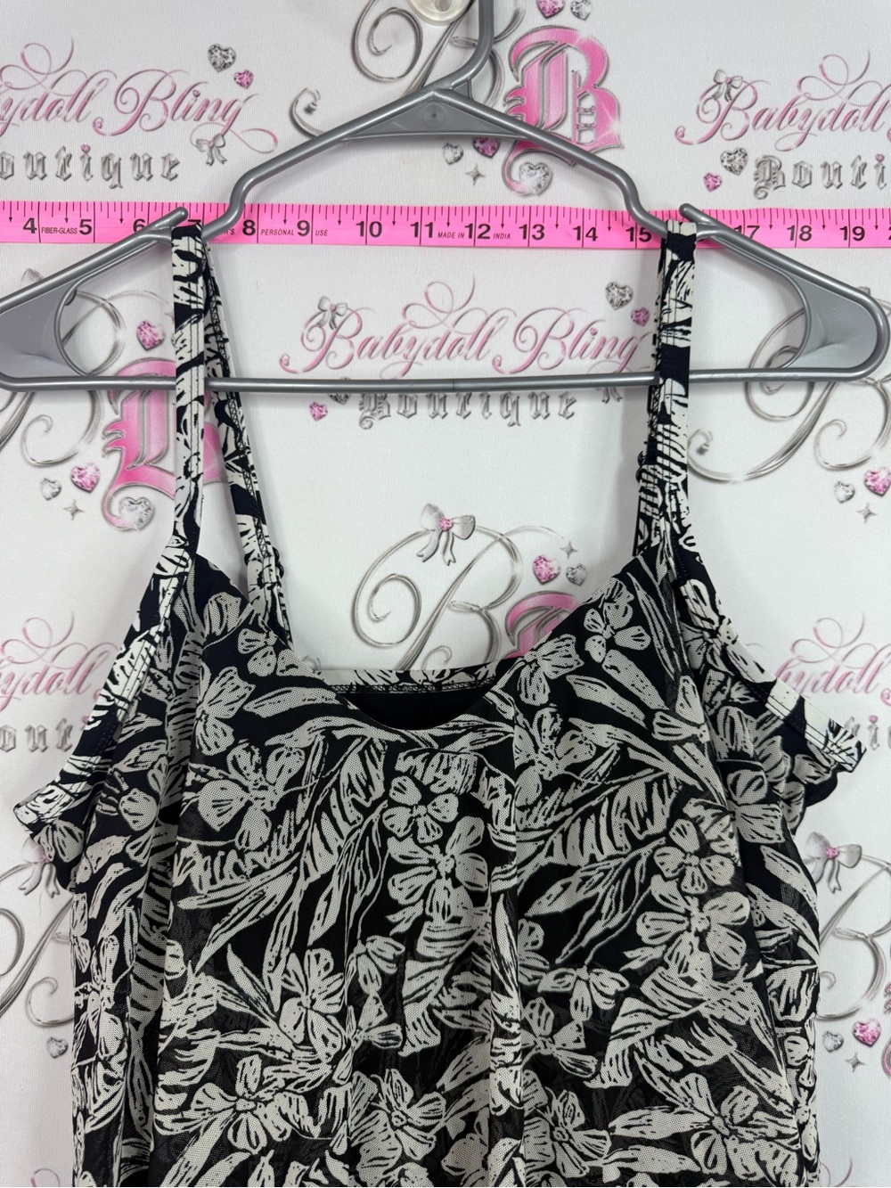 Krista Tankini swim suit Floral Print Ruffled Sleeveless Top - Black/Cream - Picture 3 of 12